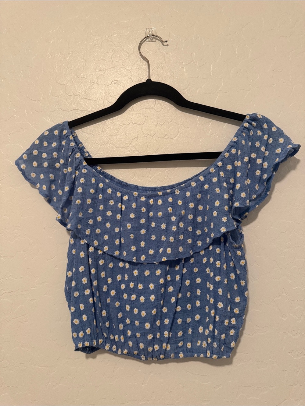 Blue Daisy Off-Shoulder Ruffle Crop Top